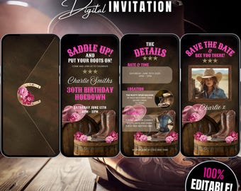 Animated Western Hoedown Birthday Party Invitation, Saddle Up and Put Your Boots On Invite, Cowboy Evite, Digital Rodeo Canva Template DIY