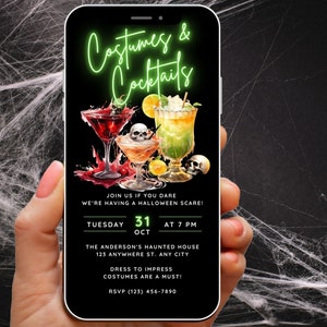 May include: A digital invitation for a Halloween party with the text "Costumes & Cocktails" in neon green. The invitation includes details about the party, including the date, time, and location. The background of the invitation is a black and white spiderweb.