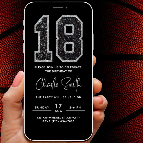 18th Birthday Invitation Digital Invite 18 Year Old Birthday Phone Invite Template, Black Silver Glitter Varsity College Preppy Sports Evite