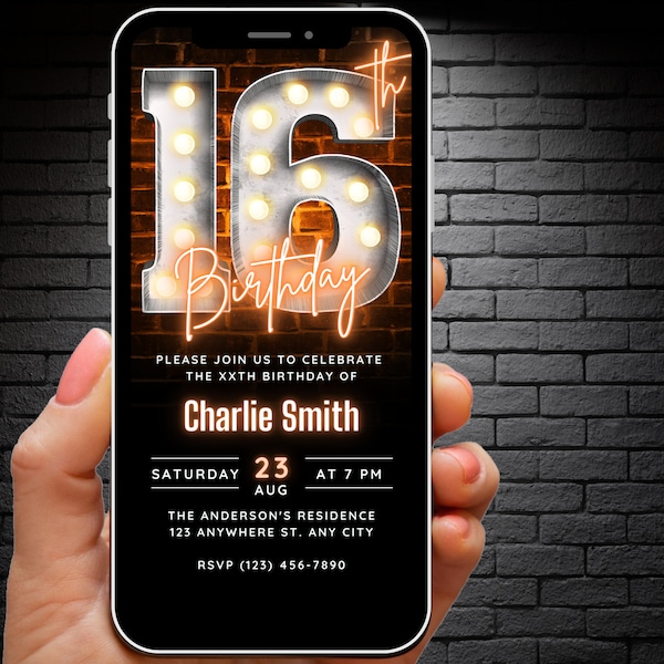 Digital Sweet 16th Birthday Invitation for Girls, 16th Birthday Invite Editable Template, Teenager Invites Neon Orange 16 yr old Phone Evite