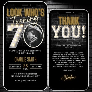 Mira quién cumple 70 años, invitación de cumpleaños número 70 para hombres con foto, plantilla de Canva del folleto de invitación digital número 70, 70 Party Evite, invitación móvil