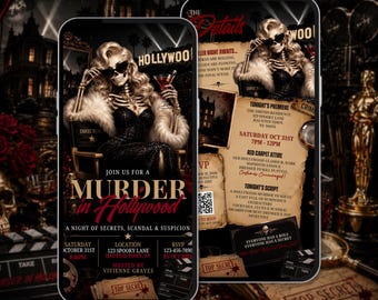May include: A digital invitation for a Murder in Hollywood event featuring a skeleton in a black gown and fur stole holding a cocktail. The text includes event details, date, location, and RSVP information, set against a dark, cinematic background.