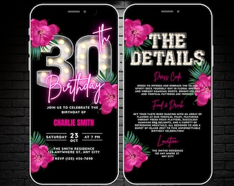 Puede incluir: Una invitación digital en blanco y negro para una fiesta de cumpleaños número 30. La invitación presenta un letrero de cumpleaños número 30 de color rosa neón con bombillas, flores tropicales y texto que dice "The Details", "Dress Code", "Food & Drink" y "Location".
