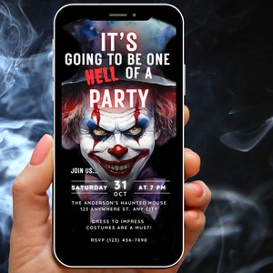Modèle numérique d’invitation d’Halloween One Hell of a Party, invitation d’Halloween pour adultes modifiable, carte d’évitement de carnaval informatique de clown effrayant unique