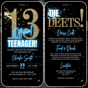 Animated Official Teenager Invite, 13th Birthday Party Invitation for Girls Boys, Blue Digital Video Invite 13 Bday Evite Itinerary Template