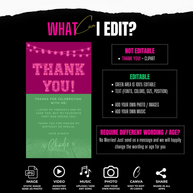 May include: A pink and green digital thank you card with string lights. The text reads "Thank You!" in large pink letters with white outlines. The card is customizable with your own photo, images, and music.