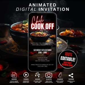 Könnte beinhalten: Eine digitale Einladung zu einem Chili-Kochwettbewerb. Die Einladung befindet sich auf dem Bildschirm eines Smartphones mit rotem und schwarzem Hintergrund. Der Text auf der Einladung lautet "Chili Cook Off" und enthält das Datum, die Uhrzeit und den Ort der Veranstaltung. Die Einladung enthält auch einen Aufruf zum Handeln, um sich bis zum 1. Oktober anzumelden. Die Einladung ist zu 100% bearbeitbar und kann sofort heruntergeladen werden.