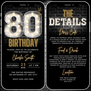 80th Birthday Invitation for Men, Digital 80th Invite Black and Gold Invitations, Canva Template, Eighty Bday Party Invite & Details, Evite