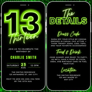 Animated 13th Birthday Invitation, 13th Digital Invite for Boy, 13 yr old Bday Video Invitation Itinerary, Neon Invite Template Mobile Evite