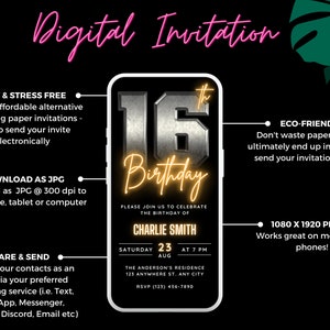 May include: A digital invitation for a 16th birthday party. The invitation features a silver 16 with a gold outline, the words "Birthday" in gold script, and the name "Charlie Smith". The invitation also includes the date, time, and location of the party.