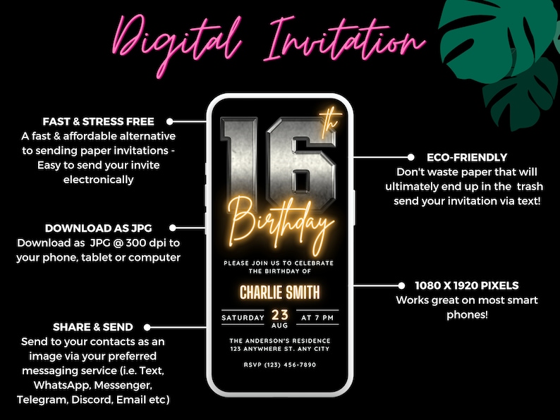 May include: A digital invitation for a 16th birthday party. The invitation features a silver 16 with a gold outline, the words "Birthday" in gold script, and the name "Charlie Smith". The invitation also includes the date, time, and location of the party.