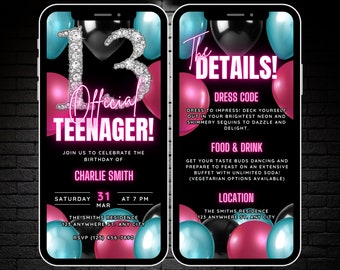 Puede incluir: Una invitación digital negra y rosa para una fiesta de cumpleaños número 13. La invitación presenta un gran número 13 brillante, globos y el texto "Official Teenager!" La invitación incluye los detalles de la fiesta, incluida la fecha, la hora, la ubicación y el código de vestimenta.