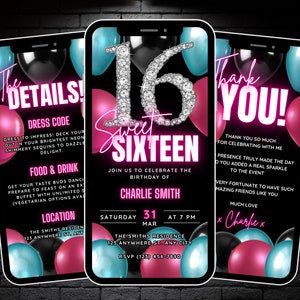 Animierte Sweet 16 Sixteen Geburtstagsfeier-Einladung, Mädchen zum 16