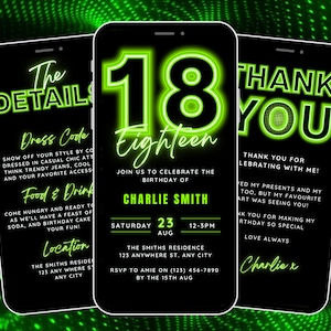 Animated 18th Birthday Invitation, 18th Digital Invite for Boy, 18 yr old Bday Video Invitation, Neon Invite Template, Mobile Phone Evite