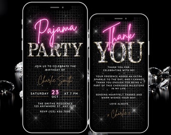 Pajama Party Invitation, Digital Sleepover Slumber Party Birthday Invitation, Neon Pink Girls Night Pyjama Party Evite, Thank You eCard