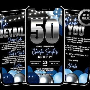 50th Birthday Invite for men, Animated Blue 50th BBQ Birthday evite. Editable Template mens man cave bday. Backyard birthday party for him