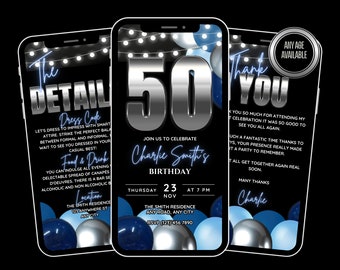 50th Birthday Invite for men, Animated Blue 50th BBQ Birthday evite. Editable Template mens man cave bday. Backyard birthday party for him