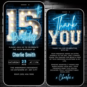 Invitation numérique au 15e anniversaire pour les garçons filles, modèle modifiable d’invitation au 15e anniversaire, adolescent invite Neon Blue 15 ans Phone Evite
