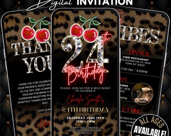 24th Cheetah Print Birthday Invitation & Vibes Leopard Print Evite, Animated Red Cherry Party Flyer, Adult Birthday Dinner and Drinks Invite