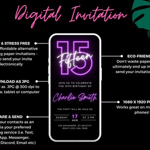May include: A digital invitation for a 15th birthday party. The invitation features a neon pink and purple "Fifteen" graphic on a black background. The invitation includes the birthday person's name, Charlie Smith, the date and time of the party, and the location. The text "1080 x 1920 pixels" is included, indicating the image size.