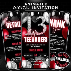 Invitation officielle animée pour adolescent, détails de l'invitation pour son 13e anniversaire et carte électronique de remerciement, invitation à une fête de 13 ans pour le 13e anniversaire numérique