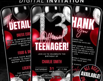 Animated Official Teenager Invitation, 13th Birthday Invitation Details & Thank You eCard, 13 Year Old Party Invite Digital 13th Bday Flyer