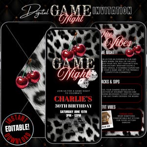 Cheetah Cherry & Dice Birthday Game Night Invitation Template Digital Red Girls Night Evite, Jungle Luxe Leopard Print Birthday Party Flyer