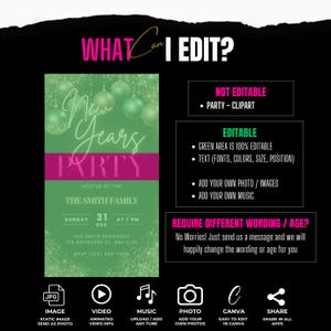 Pu&ograve; includere: Un invito a una festa di Capodanno di colore verde e rosa con glitter dorati. L'invito include il testo "New Years Party" e "Hosted by the Smith Family". L'invito include anche la data, l'ora e il luogo della festa. L'invito ha icone per aggiungere una foto, un video, musica e condividere l'invito.