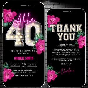 Womens Aloha 40 Birthday Invitation, 40th Video Invite, Hello 40 Invitation, Tropical Party Evite, Birthday Phone Invite & Thank You eCard
