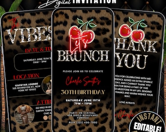 Puede incluir: Una invitación digital para una fiesta de cumpleaños número 30 con un fondo de estampado de leopardo. La invitación presenta un letrero de neón que dice "Let's Brunch" con cerezas en la parte superior. El texto de la invitación dice "Charlie Smith's 30th Birthday" e incluye la fecha y la hora de la fiesta. La invitación también incluye una ubicación y una sugerencia de atuendo.