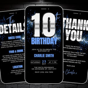 Faire-part 10e anniversaire garçon, invitation à une fête d'anniversaire bleu argenté 10 ans, modèle numérique éditable sur toile, itinéraire et carte virtuelle de remerciement