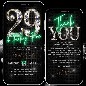 Digital 29 Feeling Fine 29th Birthday Invitation Video for Girls, Womens Diamond 29th Birthday Invite Template, Evite & Thank You eCard