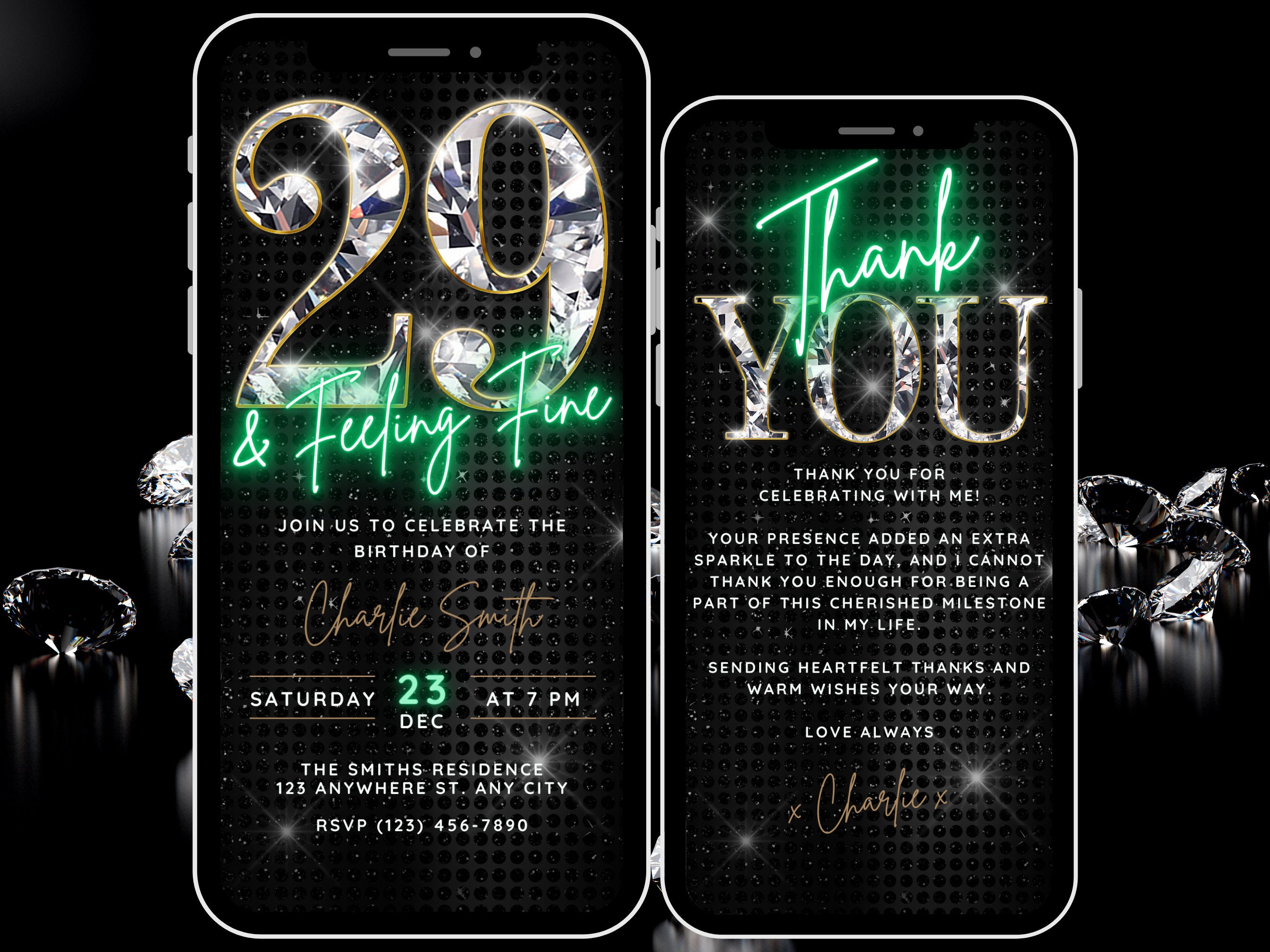 Digital 29 Feeling Fine 29th Birthday Invitation Video for Girls, Womens Diamond 29th Birthday Invite Template, Evite & Thank You eCard
