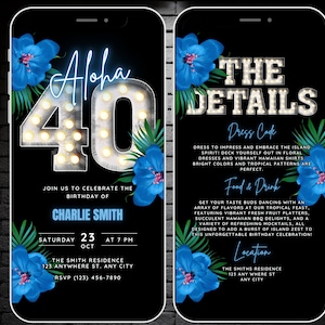 Aloha 40th Birthday Party Invitation Template, Womens Blue Tropical Animated Digital 40 Birthday Invite, Editable Forty Flyer & Details