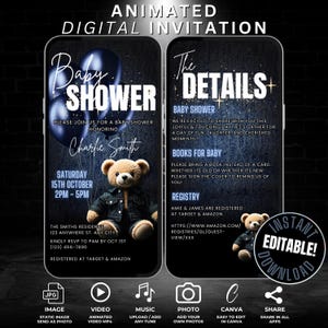 Modello di itinerario per invito baby shower in denim a forma di orsetto digitale, invito video in denim completamente modificabile, non vediamo l'ora, è un invito per maschietto