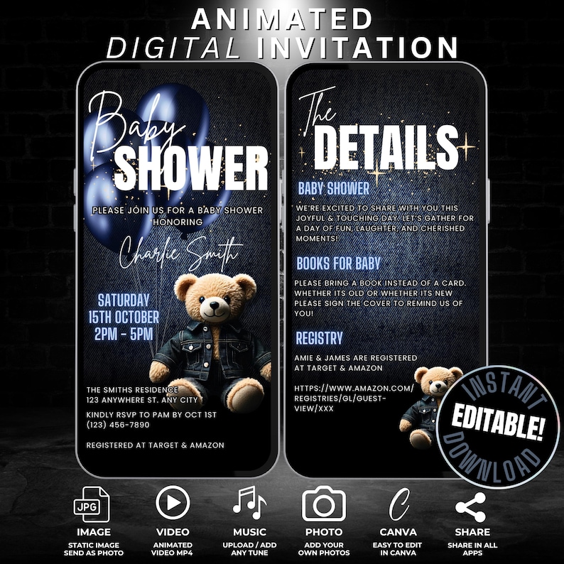Op de afbeelding: Geanimeerde digitale uitnodiging voor een babyshower met een blauw en zwart kleurenschema. De uitnodiging toont een teddybeer met een spijkerjack en de tekst "Baby Shower" en "The Details".