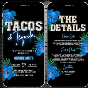 Digital Tacos & Tequila Invitation, Animated Birthday Invite, Womens Blue Tropical Party Evite, Mens 40th Birthday BBQ, Editable Template