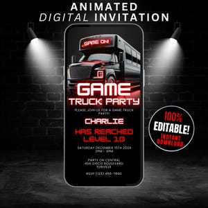 Animated Game Truck Party Invitation, 100% Editable Video Game Gaming Bus Birthday Party Invite, Neon Red Glow Level Up Game On Evite