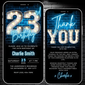 Modèle d'Invitation pour le 23e anniversaire à télécharger pour les hommes, invitation à une fête d'anniversaire pour le 23e anniversaire, invitation numérique modifiable pour l'année jordanienne Evite et carte électronique de remerciement