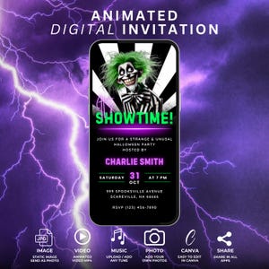 May include: Animated digital invitation for a Halloween party featuring a green and black puppet character on a smartphone screen. The text reads "Showtime!" and "Join us for a strange & unusual Halloween party hosted by Charlie Smith". The date is Saturday, 31st October at 7 PM. The location is 999 Spooksville Avenue, Scareville, HA 66666. The RSVP number is (123) 456-7890.