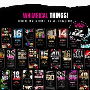 May include: A collection of digital invitations for various occasions, featuring colorful neon numbers and graphics. The invitations are designed for birthdays, parties, and other events. The text "Whimsical Things!" and "Check Out Other Designs!" is displayed on the image.