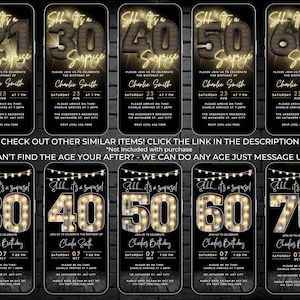 May include: A collection of digital birthday party invitations displayed on smartphones. The invitations feature the words "Shhh... It's a Surprise" with the age in large numbers, and event details. The background is black.