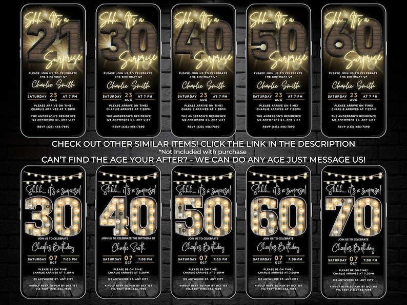 May include: A collection of digital birthday party invitations displayed on smartphones. The invitations feature the words "Shhh... It's a Surprise" with the age in large numbers, and event details. The background is black.