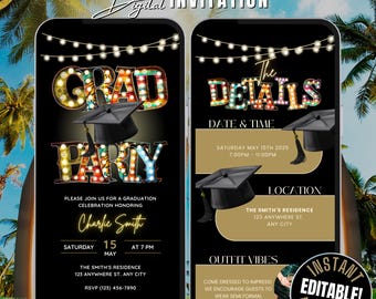 Digital Graduation Party Invite Itinerary Template, Animated Editable Festival Theme Grad Party Invitation, Backyard Grad Party Flyer Evite