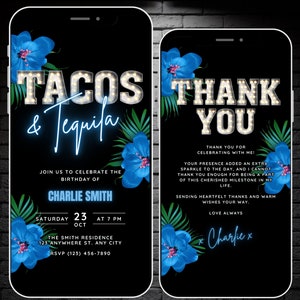 Digital Tacos & Tequila Invitation, Animated Birthday Invite, Womens Blue Tropical Party Evite, Mens 40th Birthday BBQ, Editable Template