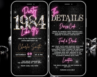 Party Like Its 1984, Womens 40th Birthday Video Invite Digital Template, Animated 40th Birthday Invitation & Itinerary, Pink Diamond Evite