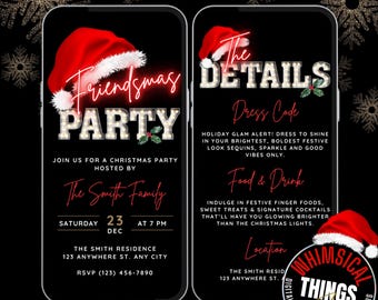 Può includere: Invito digitale per una festa di Natale su sfondo nero. L'invito presenta un cappello di Babbo Natale rosso e le parole "Friendsmas Party" in un carattere festivo. I dettagli includono il nome dell'host, la data, l'ora e le informazioni RSVP.