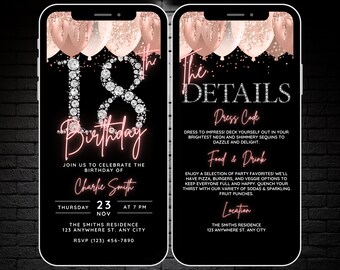 Girls Animated 18th Birthday Invite Digital 18th Invitation Canva, Editable Rose Gold 18 Birthday Video Invitation with Details Page Evite