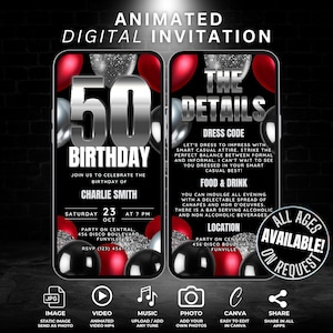 Plantilla de invitación en video digital para el 50.° cumpleaños, invitación animada para la fiesta sorpresa del 50.° cumpleaños con detalles del itinerario