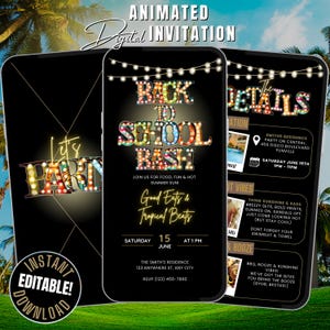 May include: Animated digital invitation on a smartphone screen. The invitation reads "Back to School Bash" with details for a party including date, time, and location. The design includes string lights and tropical elements.